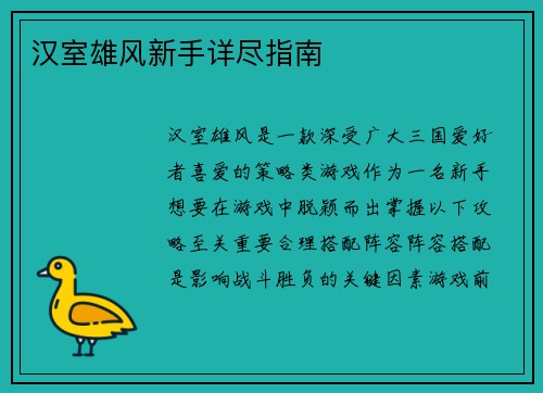 汉室雄风新手详尽指南